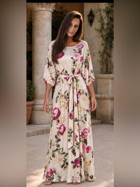 NWOT Romantic Rose Floral Stretch Batwing Tie-Waist Maxi Dress L